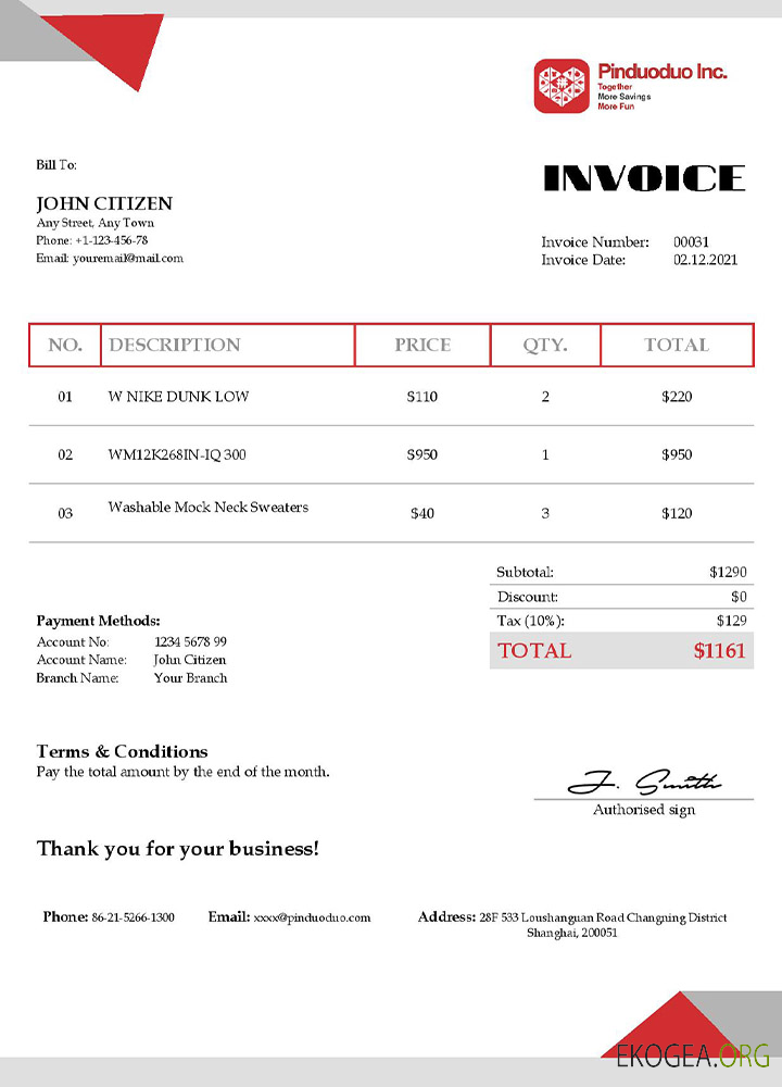 Facture Pinduoduo USA